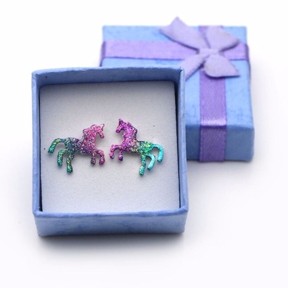 Unicorn Ombré Glitter Festival Sparkle Pierced Stud Earrings NIBag - Picture 1 of 8
